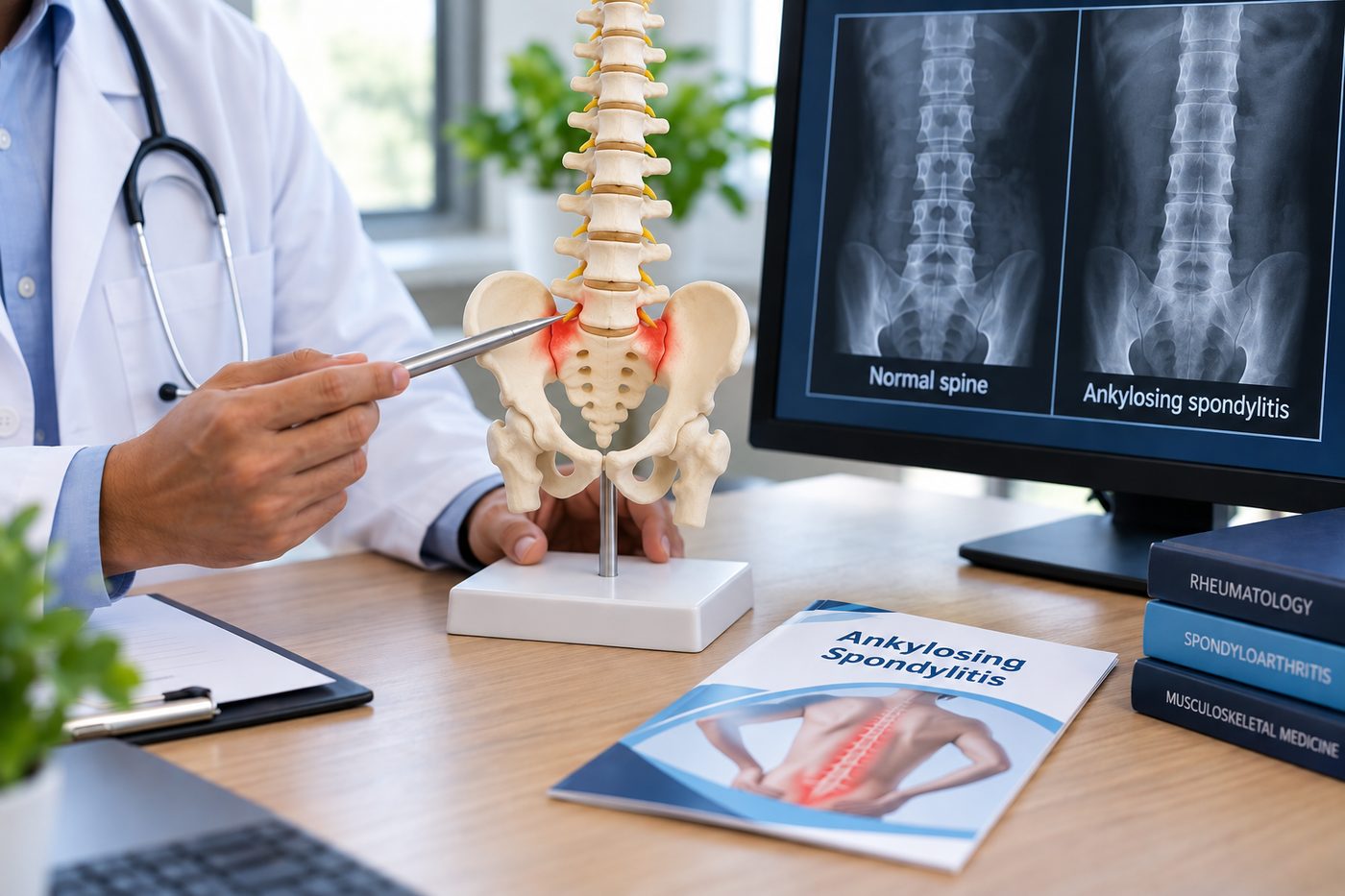 Illustration of ankylosing spondylitis — spine and pelvis model with an X-ray comparison of a normal spine and one affected by AS