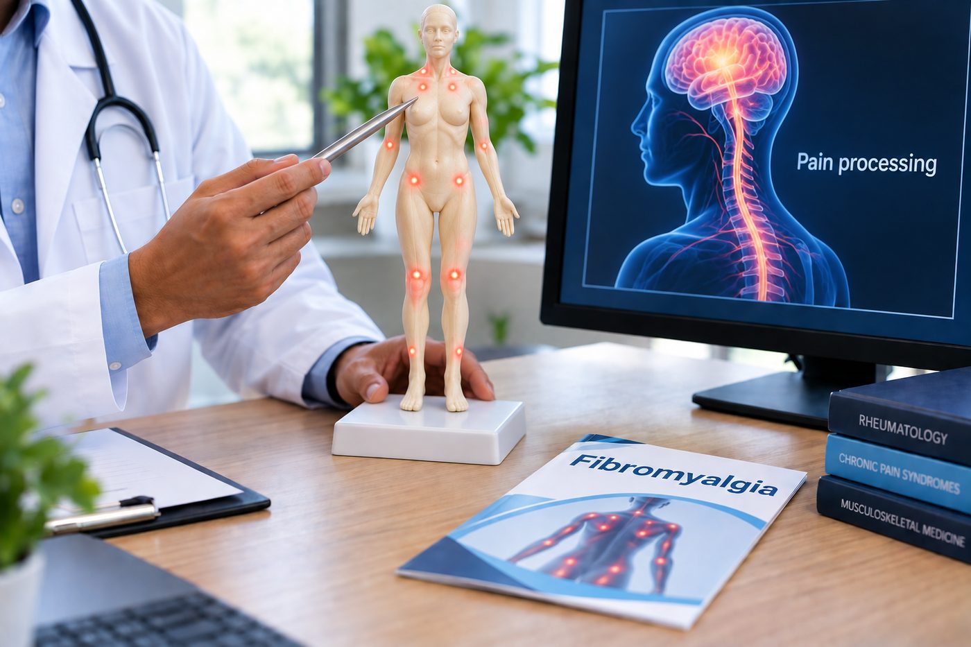 Illustration of fibromyalgia — widespread body pain points and the nervous system's amplified pain processing