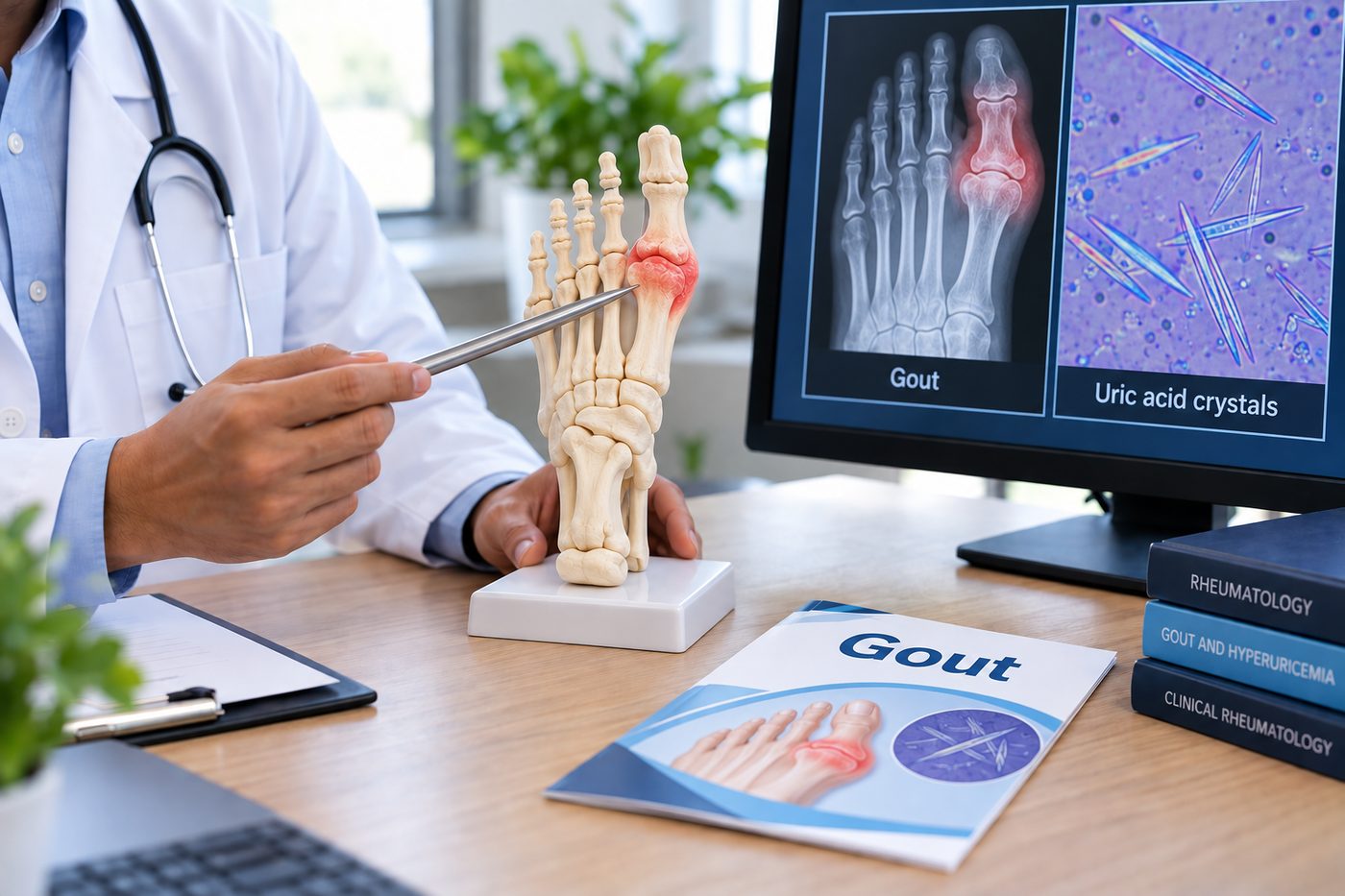 Illustration of gout — foot joint model with an X-ray of the big toe and uric acid crystals under the microscope