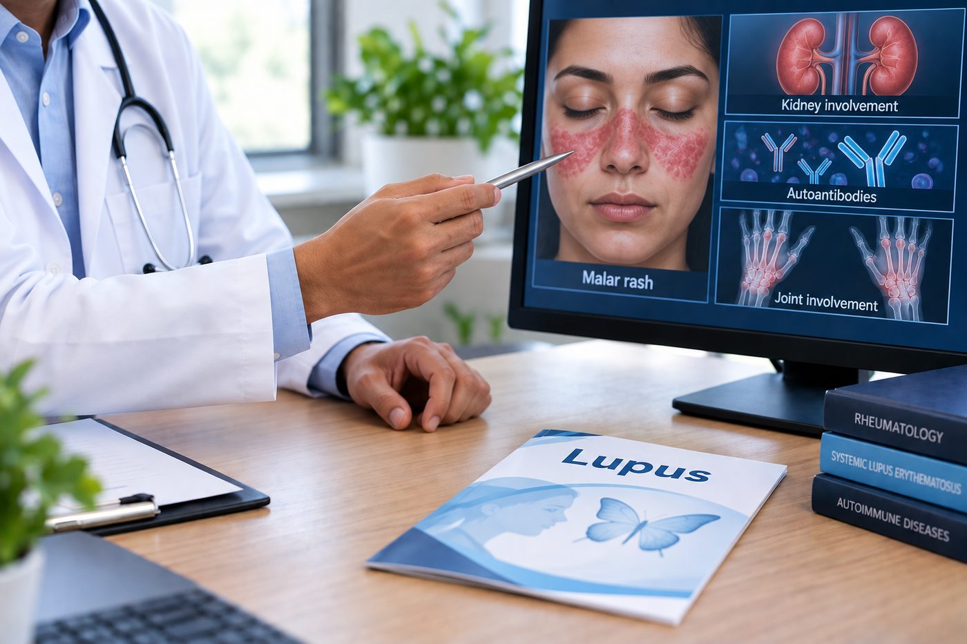 Illustration of lupus (SLE) — showing the malar facial rash, autoantibodies, and kidney and joint involvement