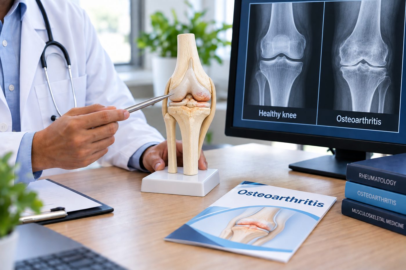 Illustration of osteoarthritis — knee joint model with an X-ray comparison of a healthy knee and a knee affected by osteoarthritis