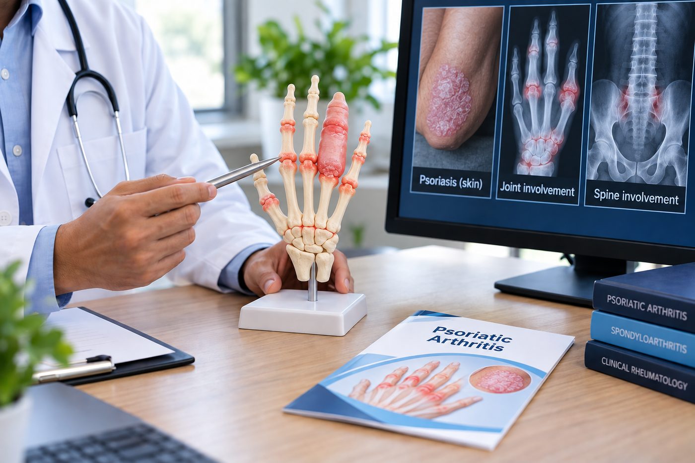 Illustration of psoriatic arthritis — hand joint model with images of psoriasis skin, joint involvement and spine involvement