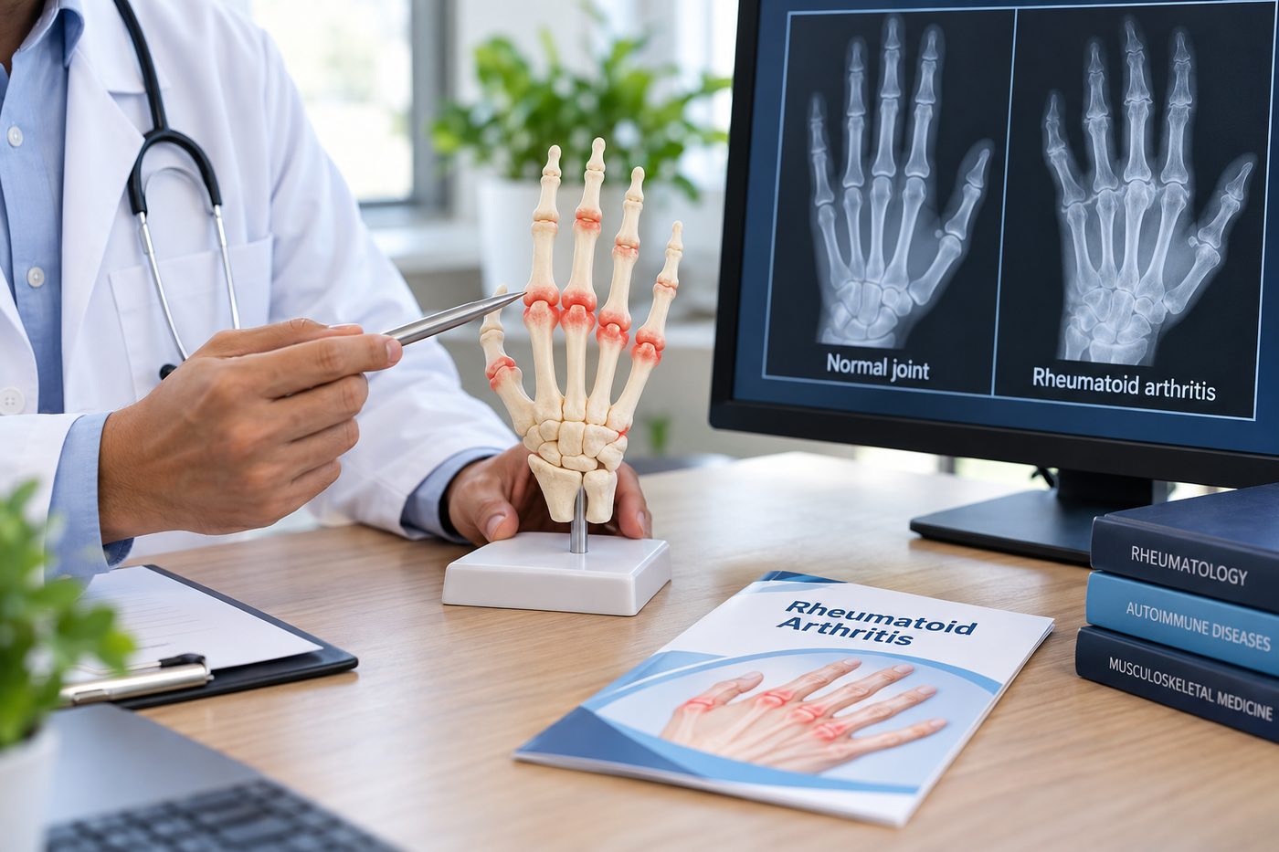 Illustration of rheumatoid arthritis — inflamed hand joints with an X-ray comparison of a healthy joint and a joint affected by RA