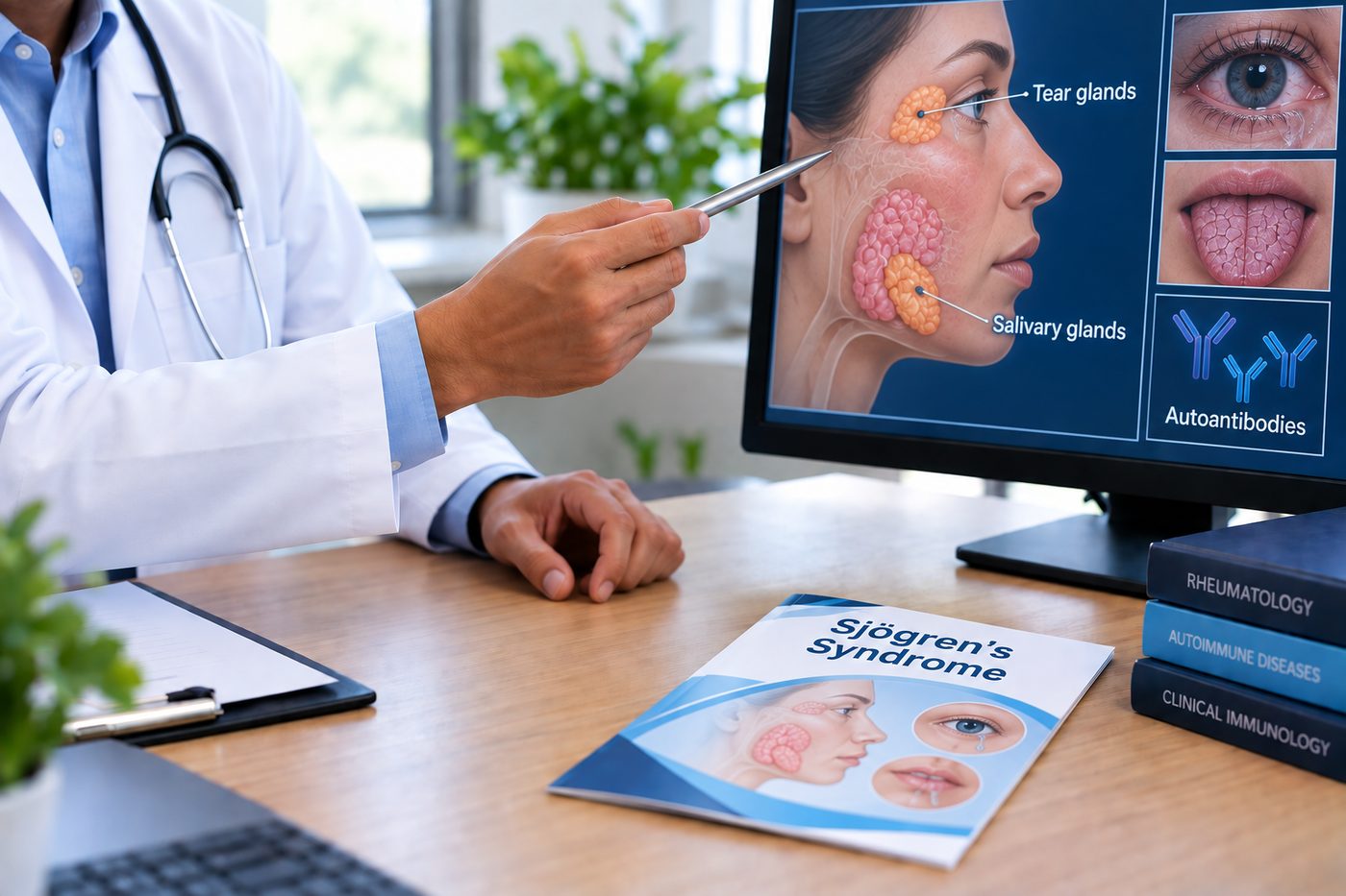 Illustration of Sjögren's syndrome — dry eyes and dry mouth from immune attack on the tear and saliva glands