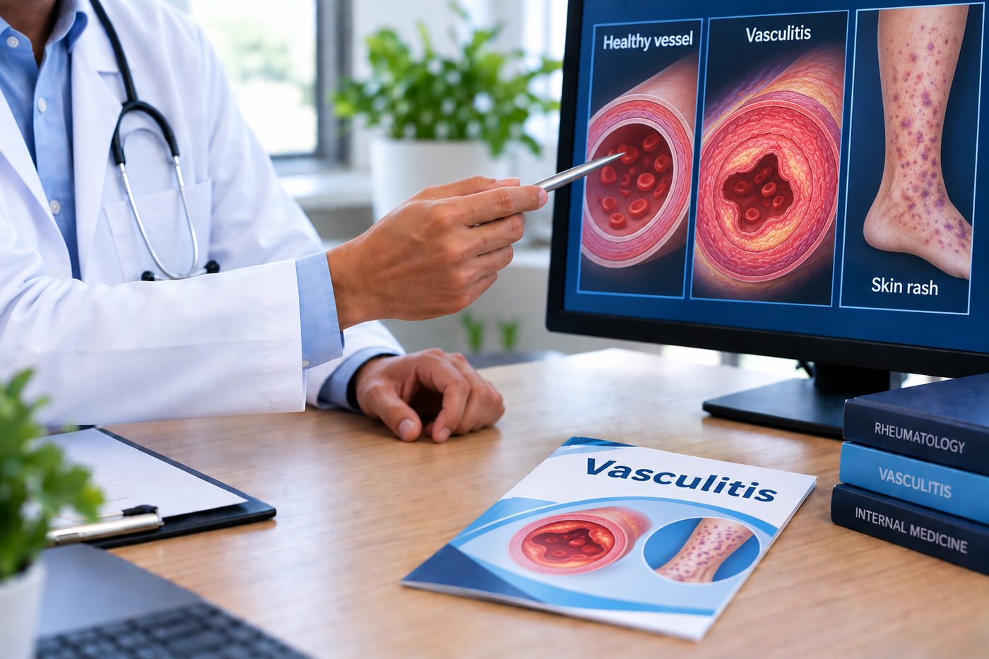 Illustration of vasculitis — inflamed blood vessel walls narrowing and reducing blood flow to the organs