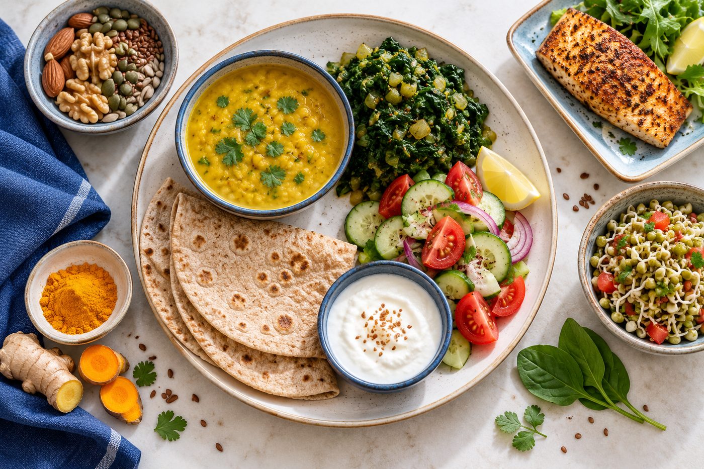 Overhead photo of a balanced Indian thali for arthritis — dal, palak sabzi, wholewheat rotis, curd, salad, sprouts, nuts and seeds, turmeric and fish