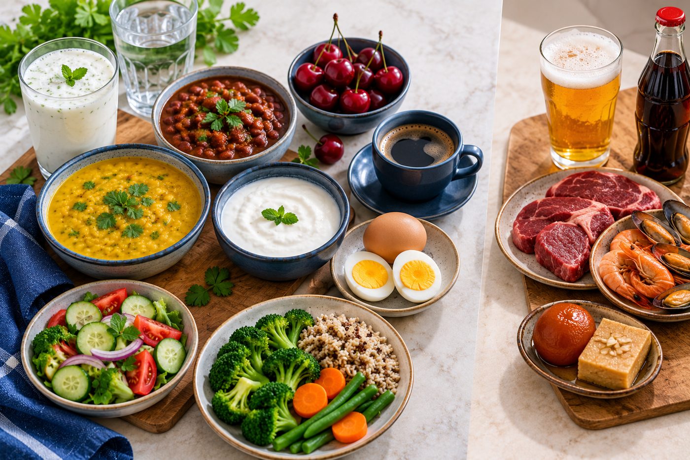 Overhead photo contrasting gout-friendly foods — dal, curd, buttermilk, cherries, coffee, eggs — with foods to limit such as beer, cola, red meat and shellfish