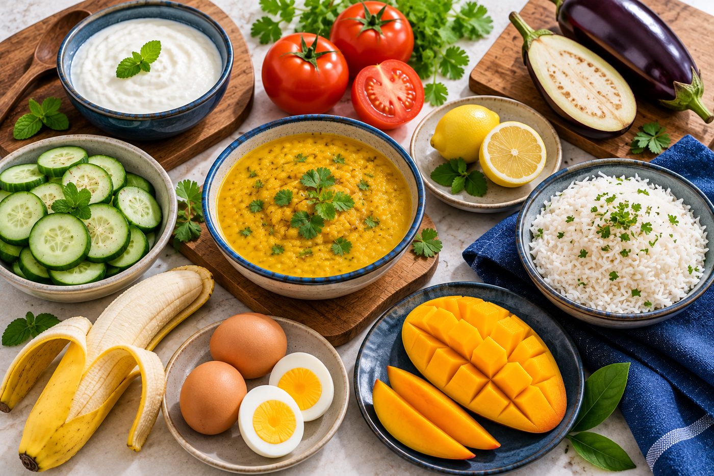 Overhead photo of foods often wrongly blamed for arthritis — curd, tomatoes, lemon, brinjal, rice, cucumber, banana, eggs, mango and dal